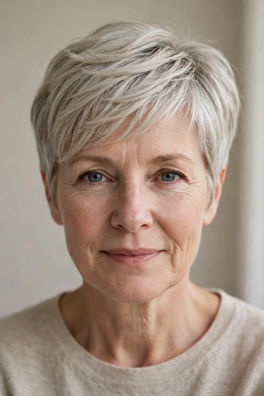 Middle-aged white woman with a feathered pixie, soft wispy layers on fine silver-blonde hair