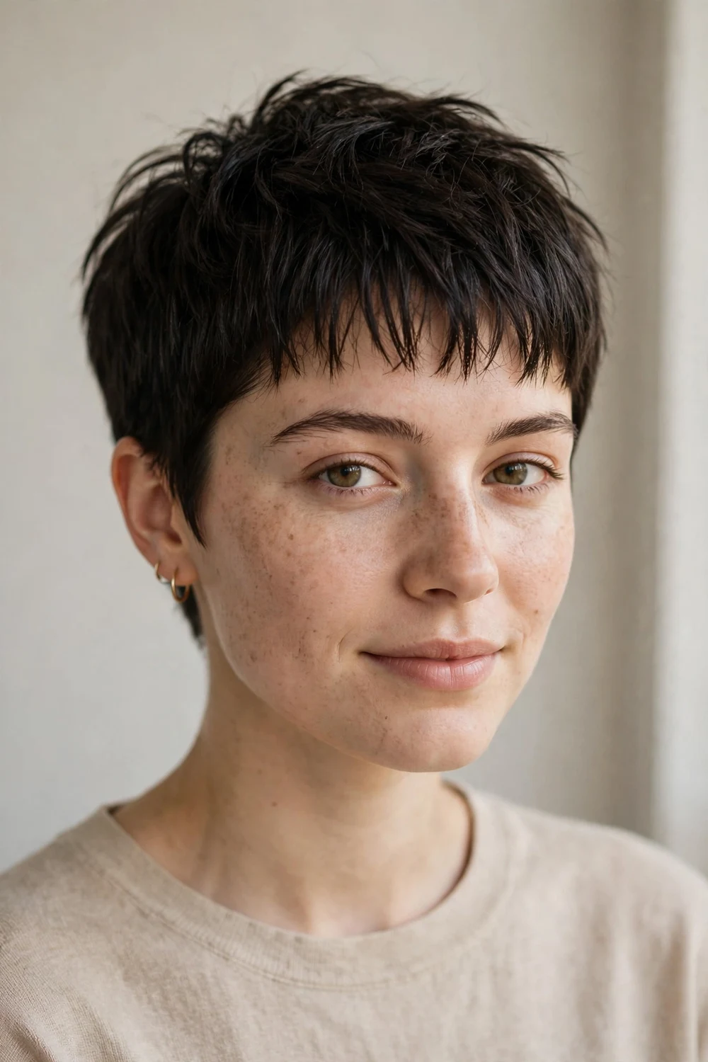 Young woman with a French crop pixie, short textured fringe and tousled top on fine dark hair