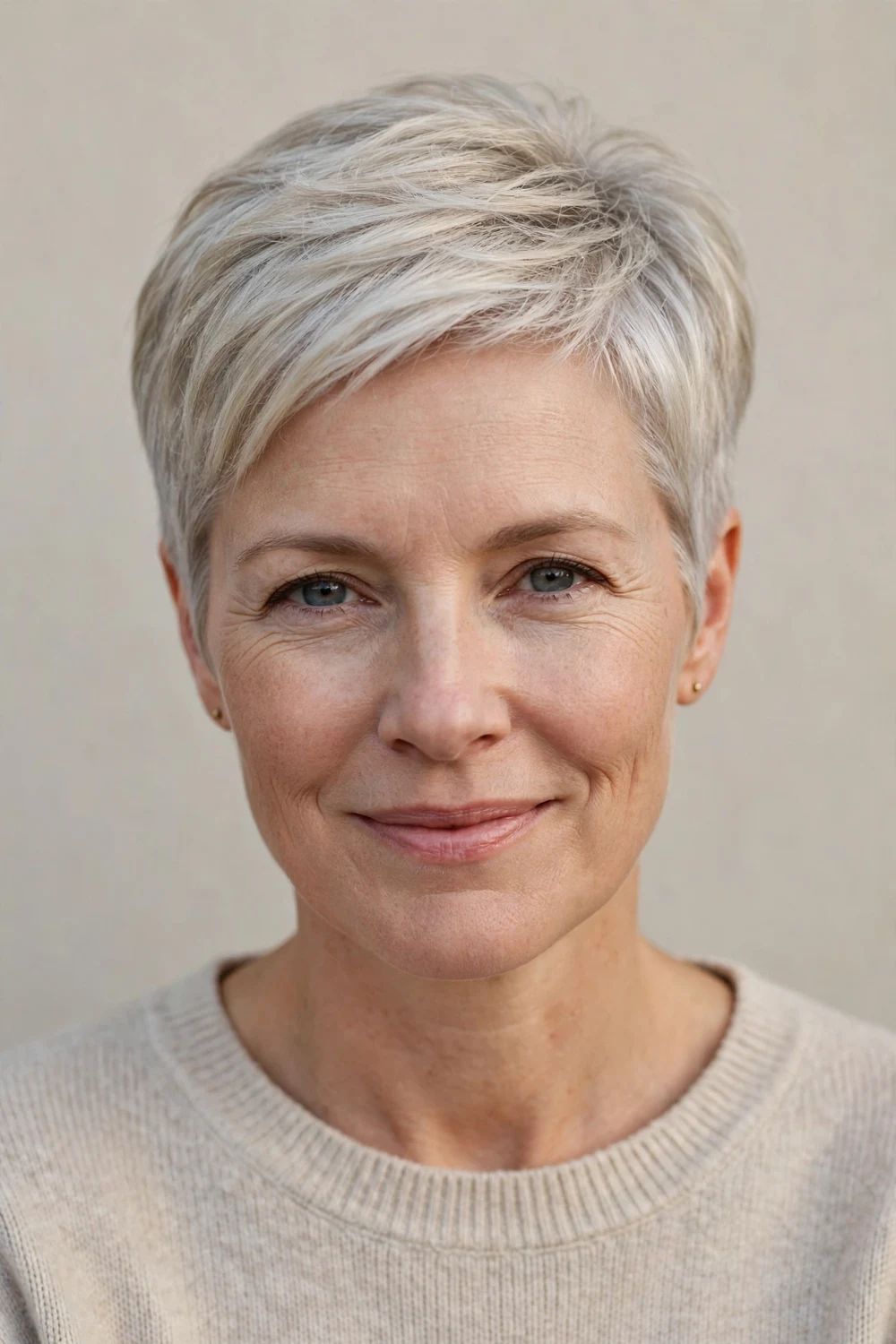 Woman in her 40s with a frosted tapered pixie, frosty silver tone with volume at crown on fine hair
