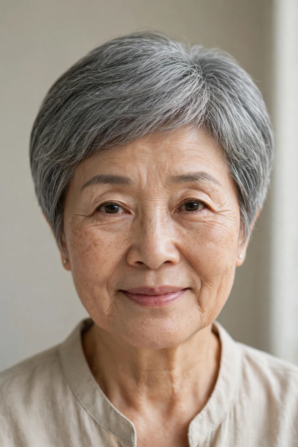 Older East Asian woman with a gray rounded pixie, smooth rounded silhouette on fine gray hair