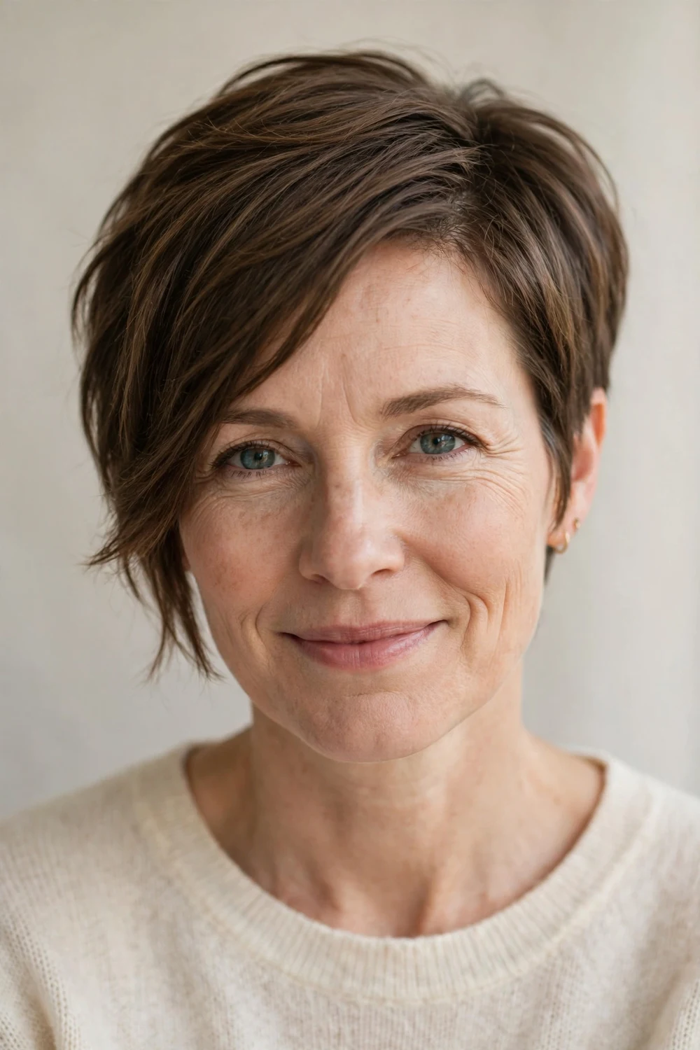 Woman in her 40s with a grown-out pixie, longer textured top and tapered sides on fine brown hair