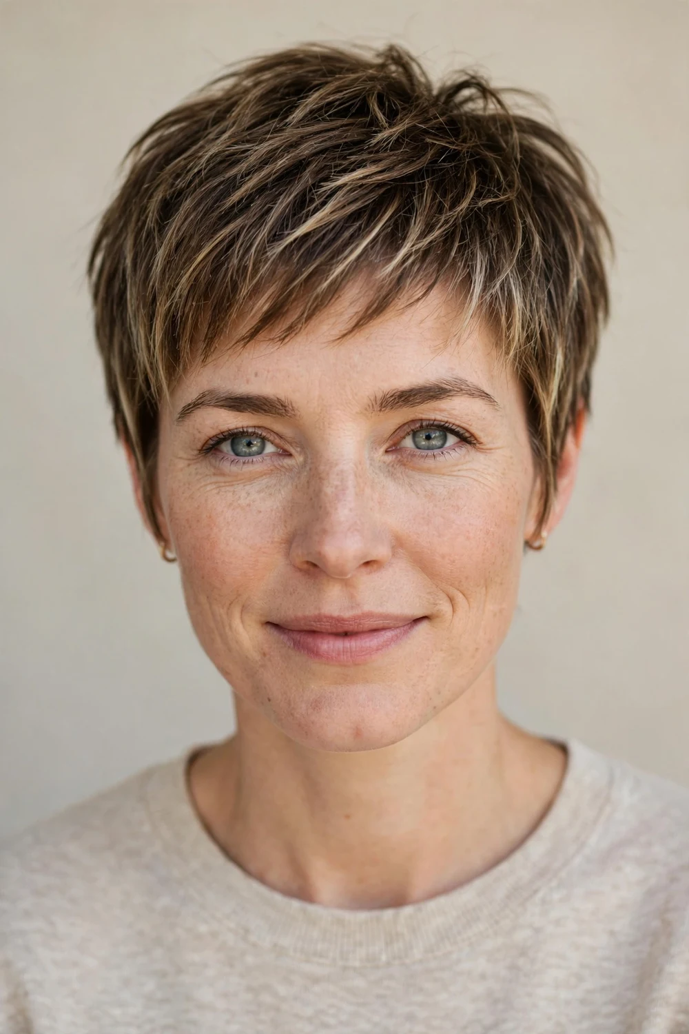 Woman in her 30s with a highlights pixie, dimensional highlights through fine brown pixie hair