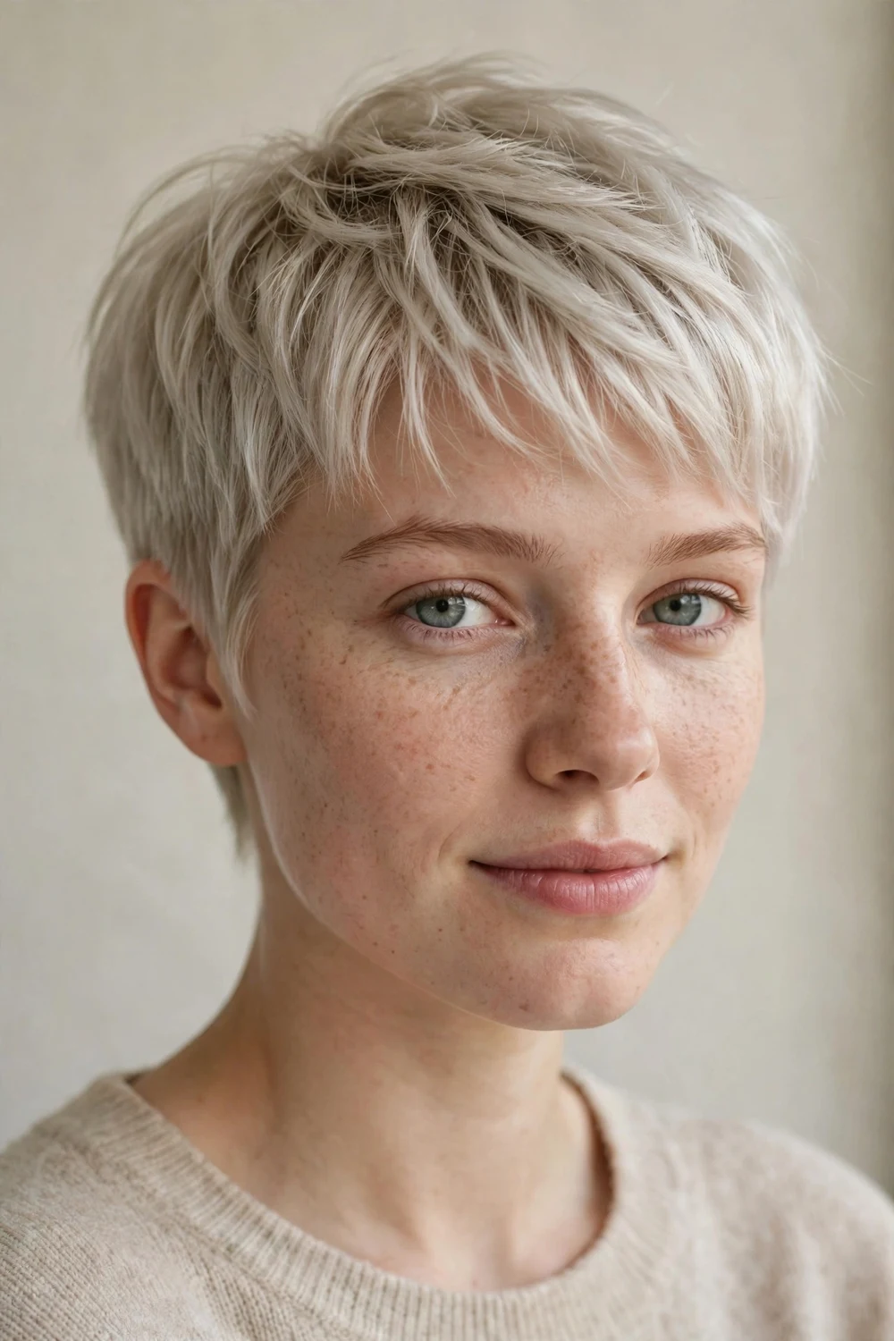 Young woman with an icy blonde crop, cool bright pixie with tapered nape on fine hair