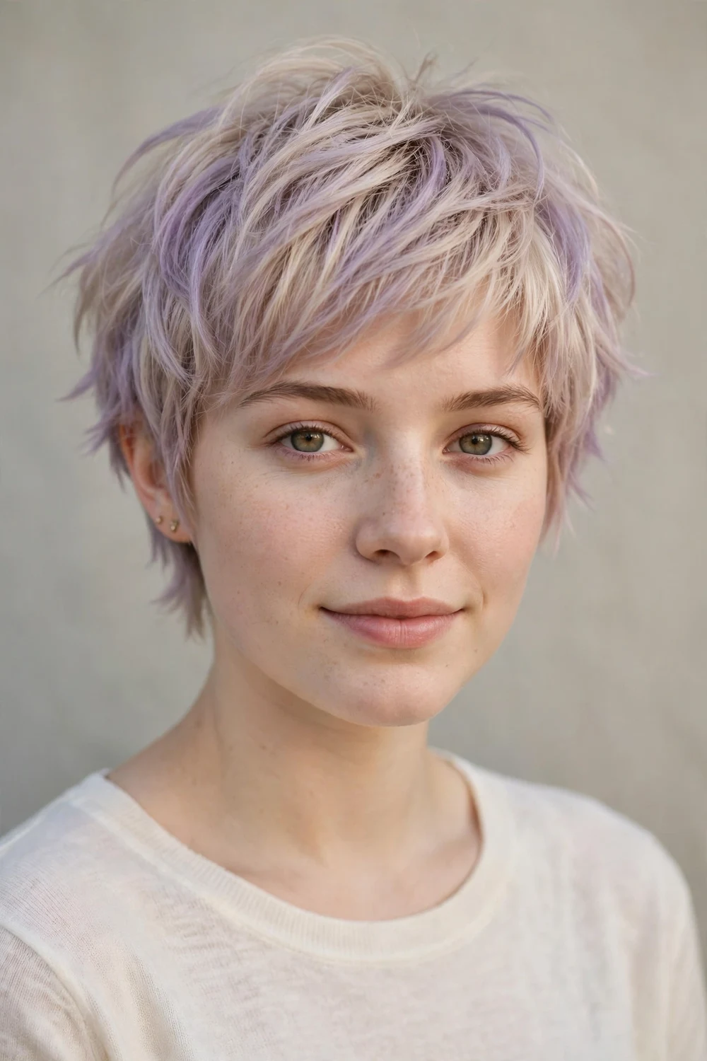 Young white woman with a lavender-tint pixie, soft purple wash over blonde choppy pixie