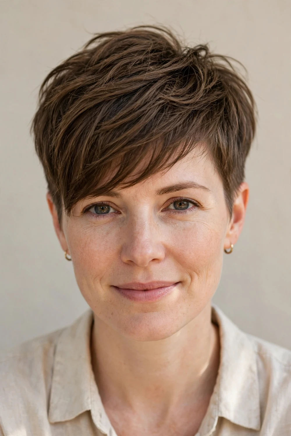 Woman in her 30s with a long-top short-sides pixie, voluminous top swept over fine brown hair