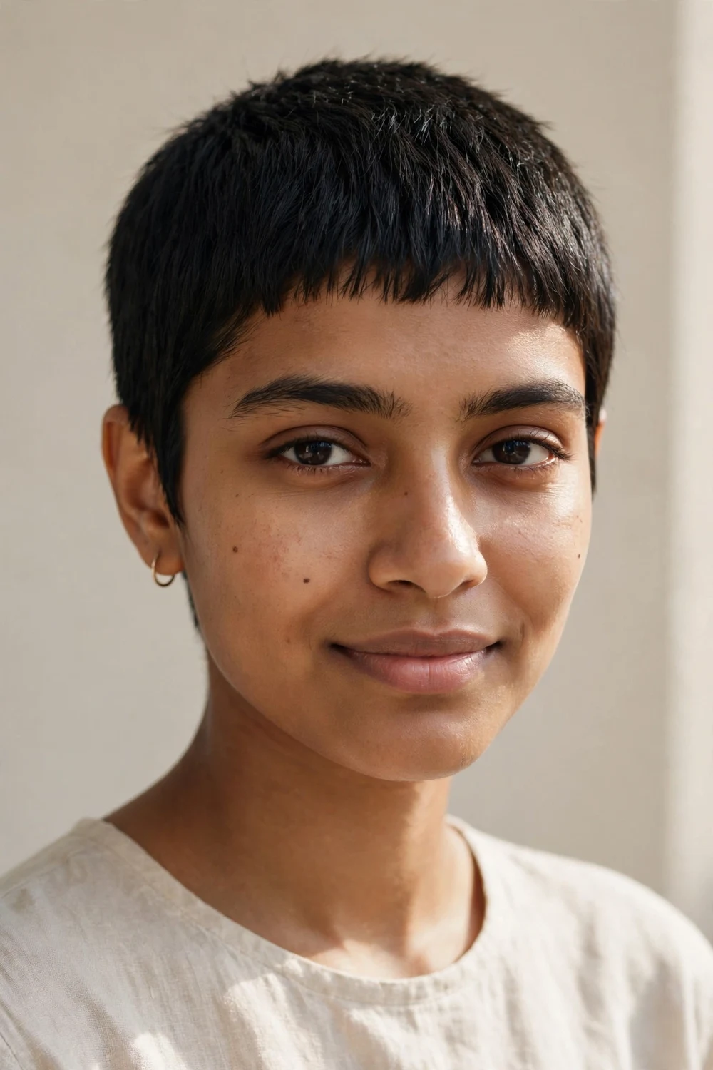 Young South Asian woman with a micro fringe pixie, ultra-short fringe on fine dark hair