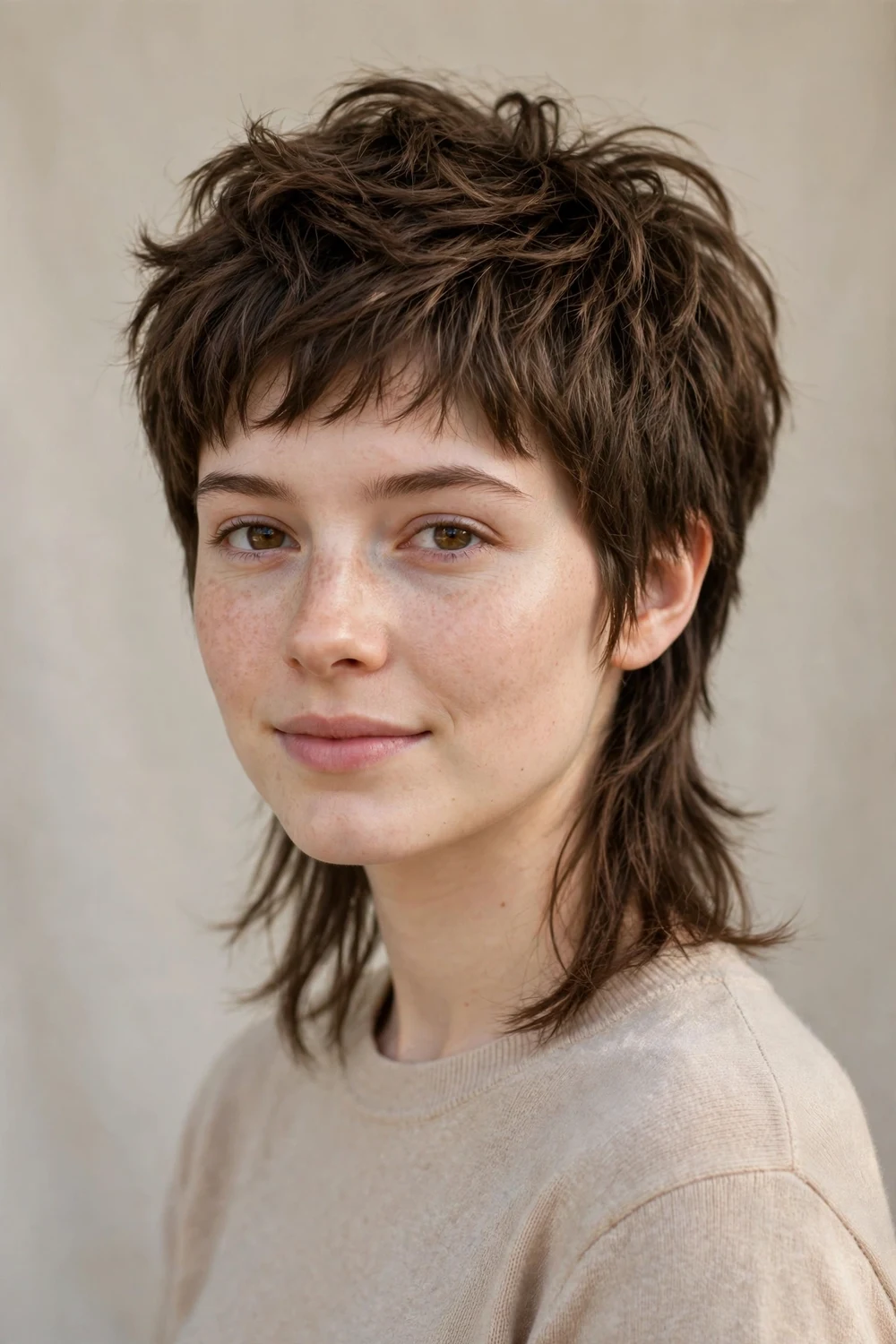 Young woman with a mixie cut, short pixie crown with longer textured nape on fine brown hair