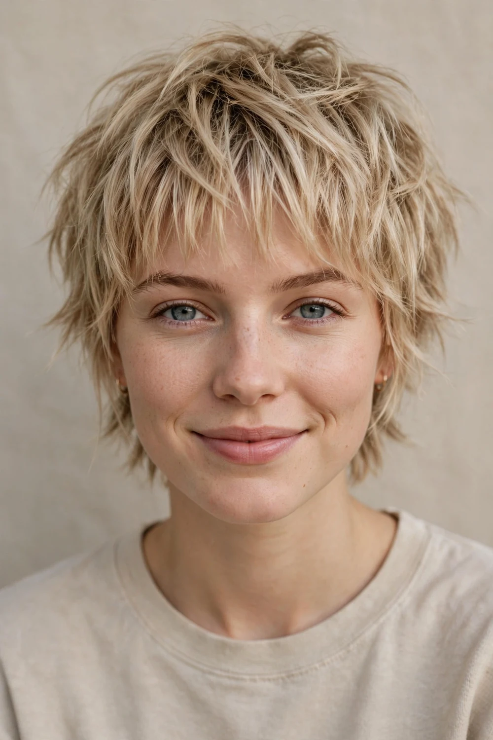 Young white woman with a pixie shag, piecey shaggy layers on fine blonde hair