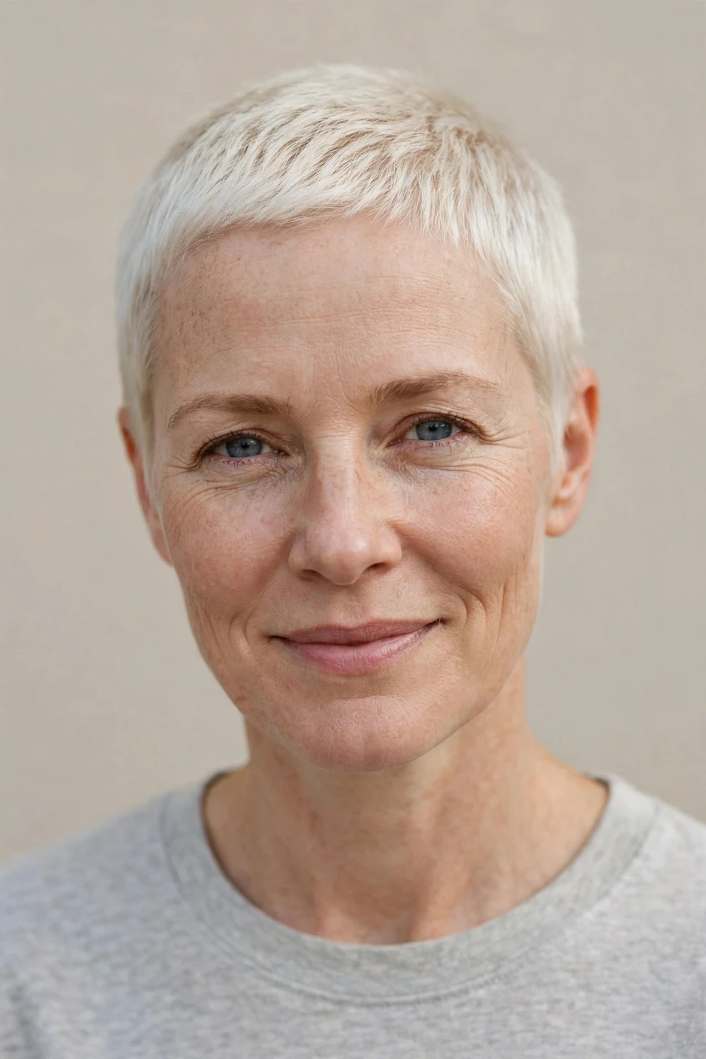 Woman in her 40s with a platinum buzz pixie, close platinum blonde crop with clean edges