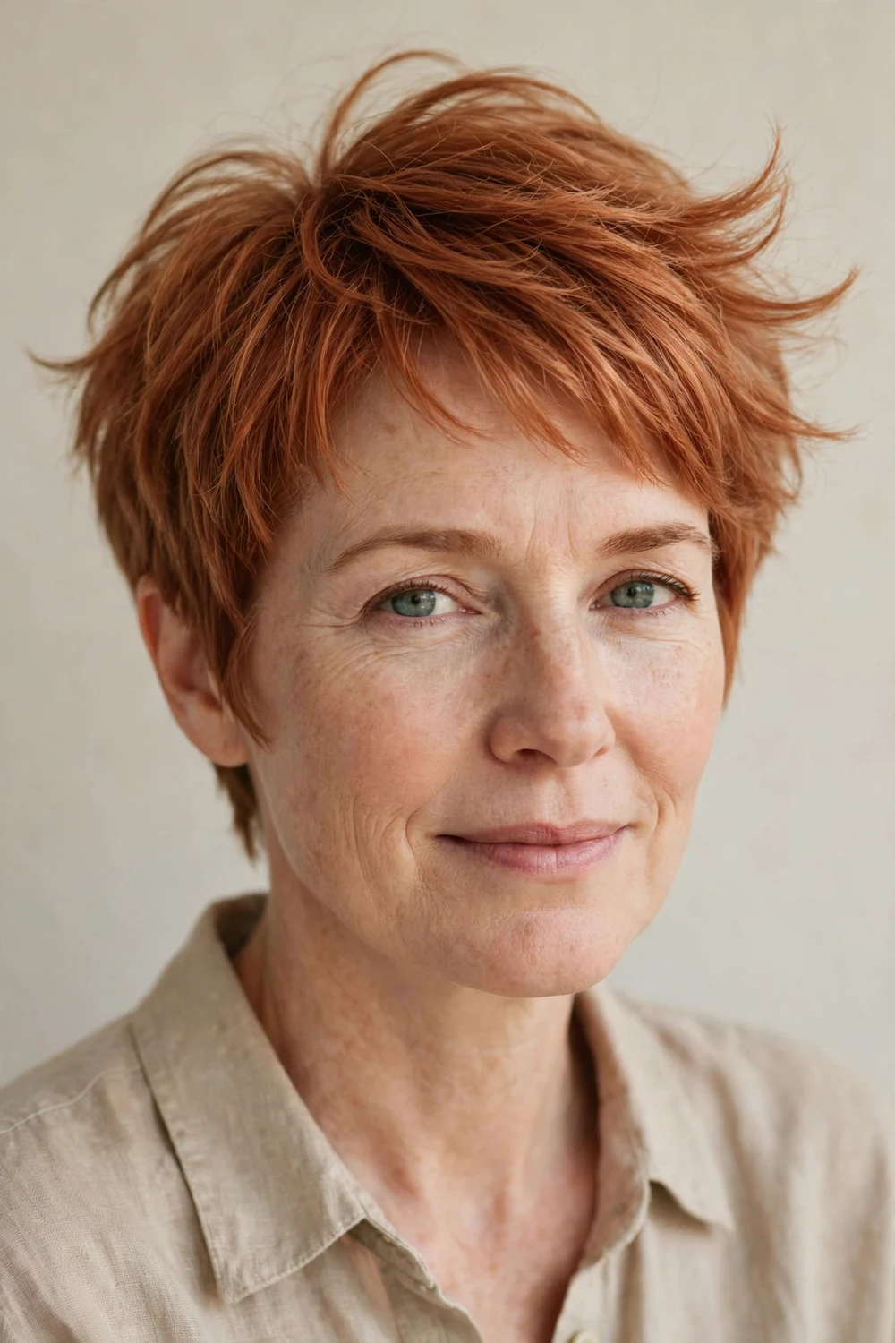 Woman in her 40s with a razor-cut pixie, soft feathery ends on fine copper hair