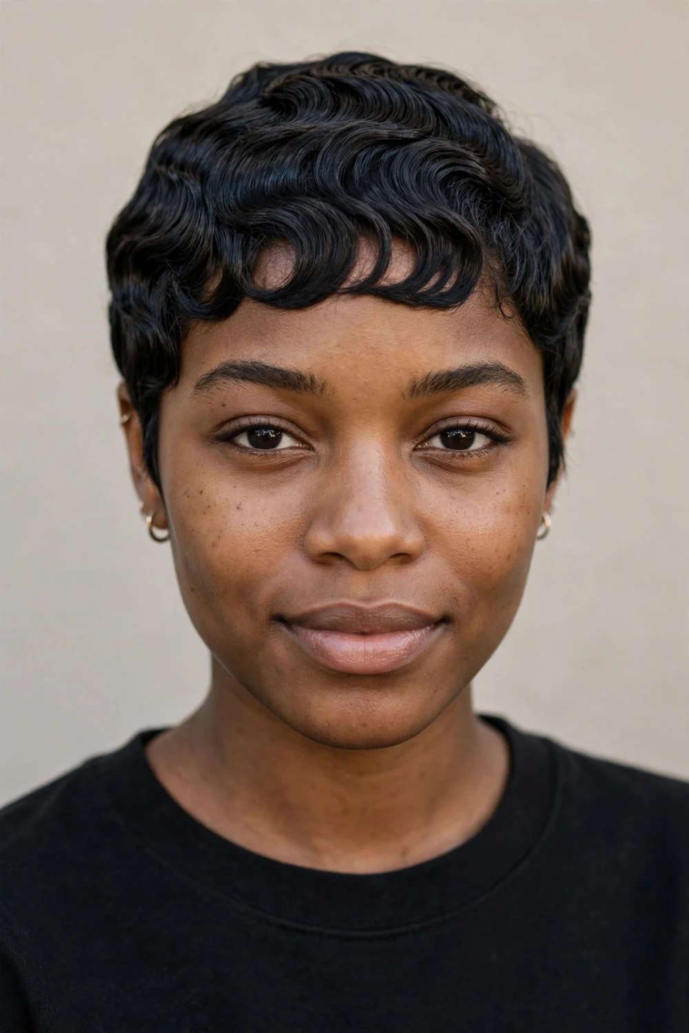 Young Black woman with a retro finger-waves pixie, sculpted waves on fine short dark hair