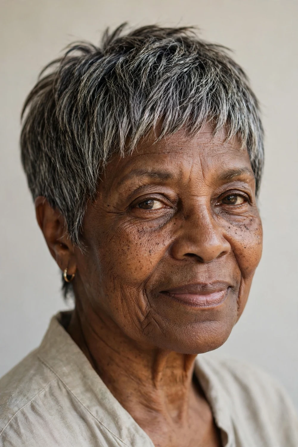 Older Black woman with a salt-and-pepper pixie, natural gray mix adding dimension to fine hair