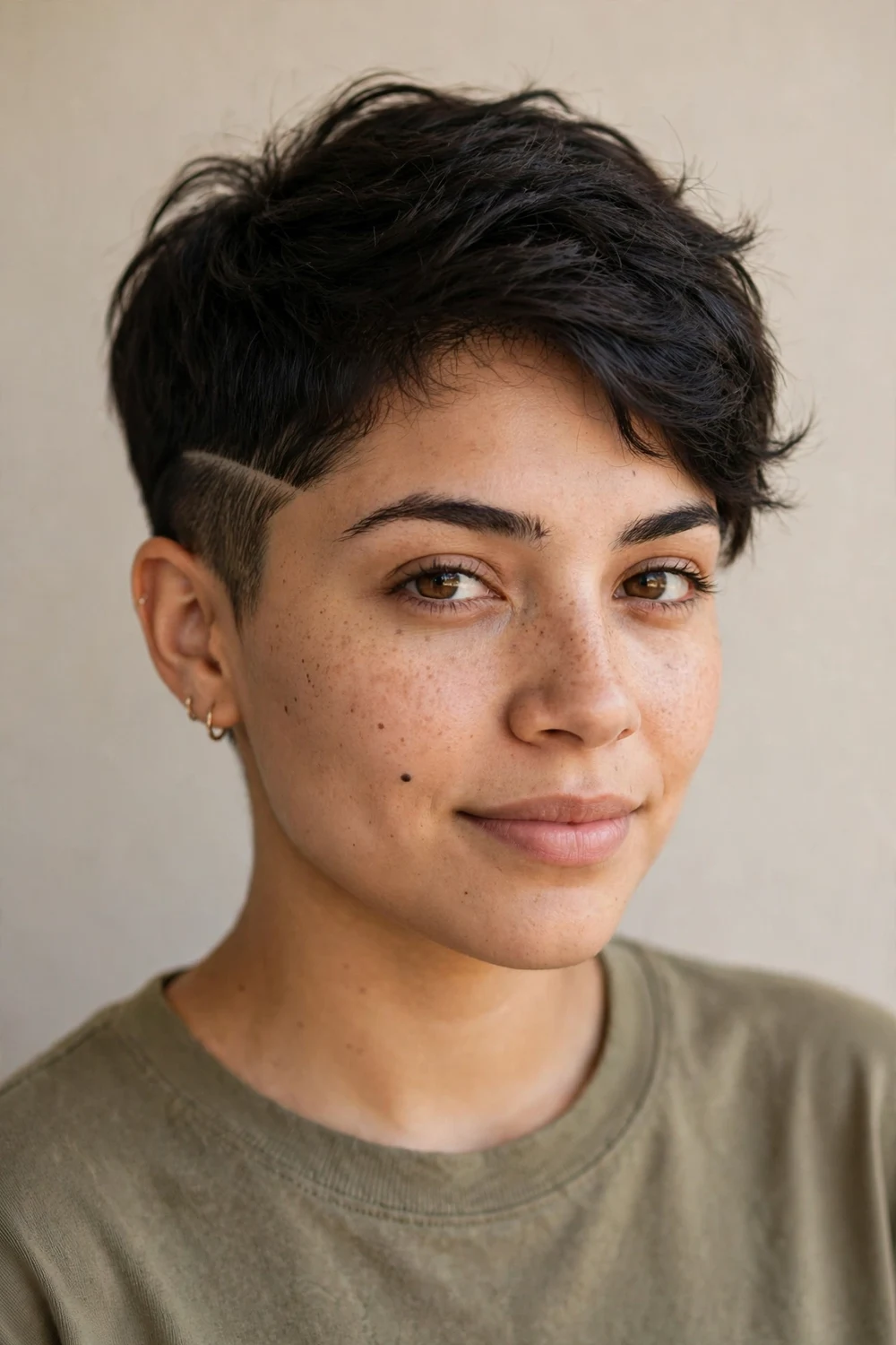 Young Latina woman with a shaved line-detail pixie, subtle shaved line design at the temple on fine dark hair