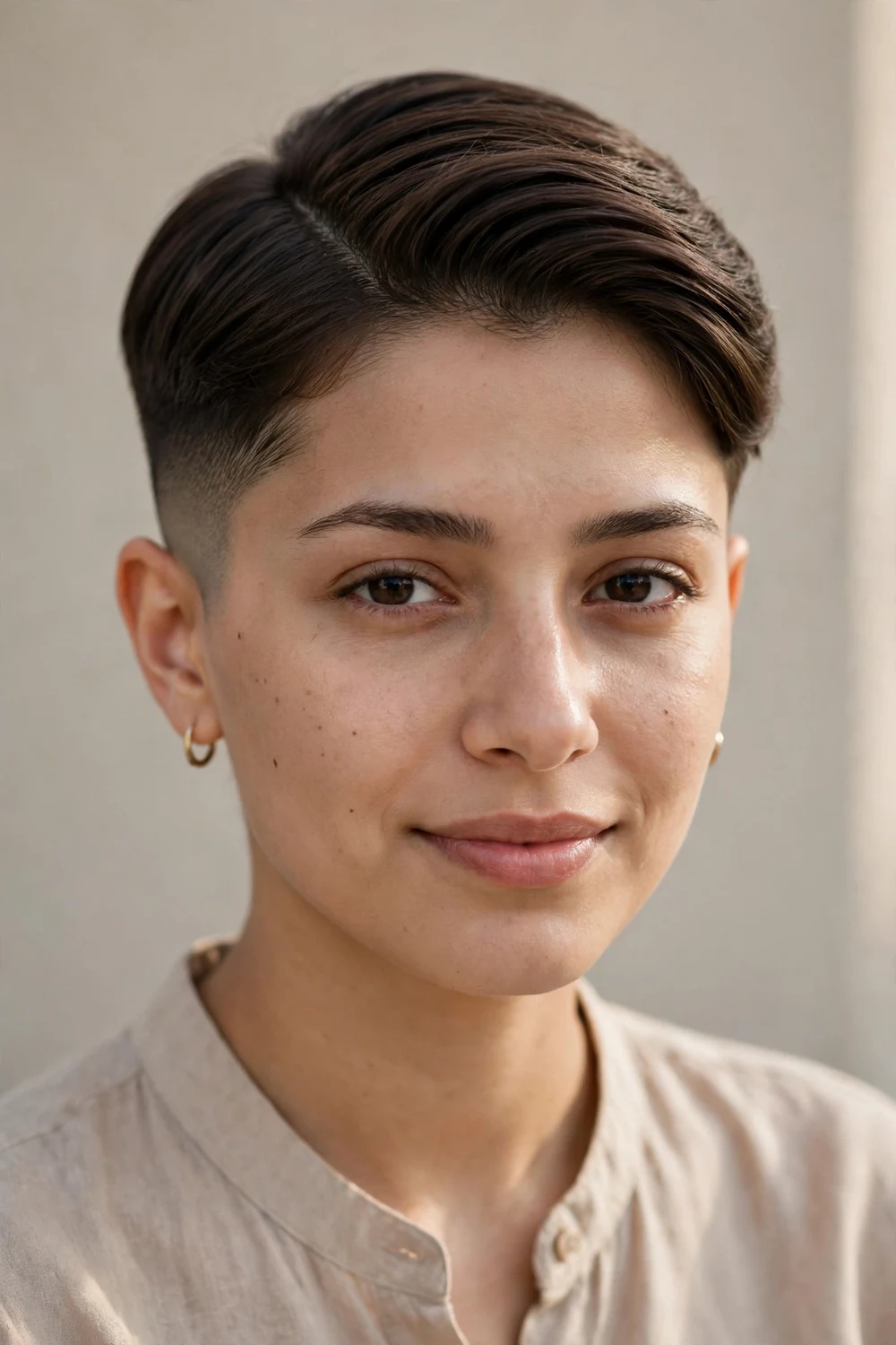 Young woman with a side-parted fade pixie, precision fade and sleek deep part on fine brown hair