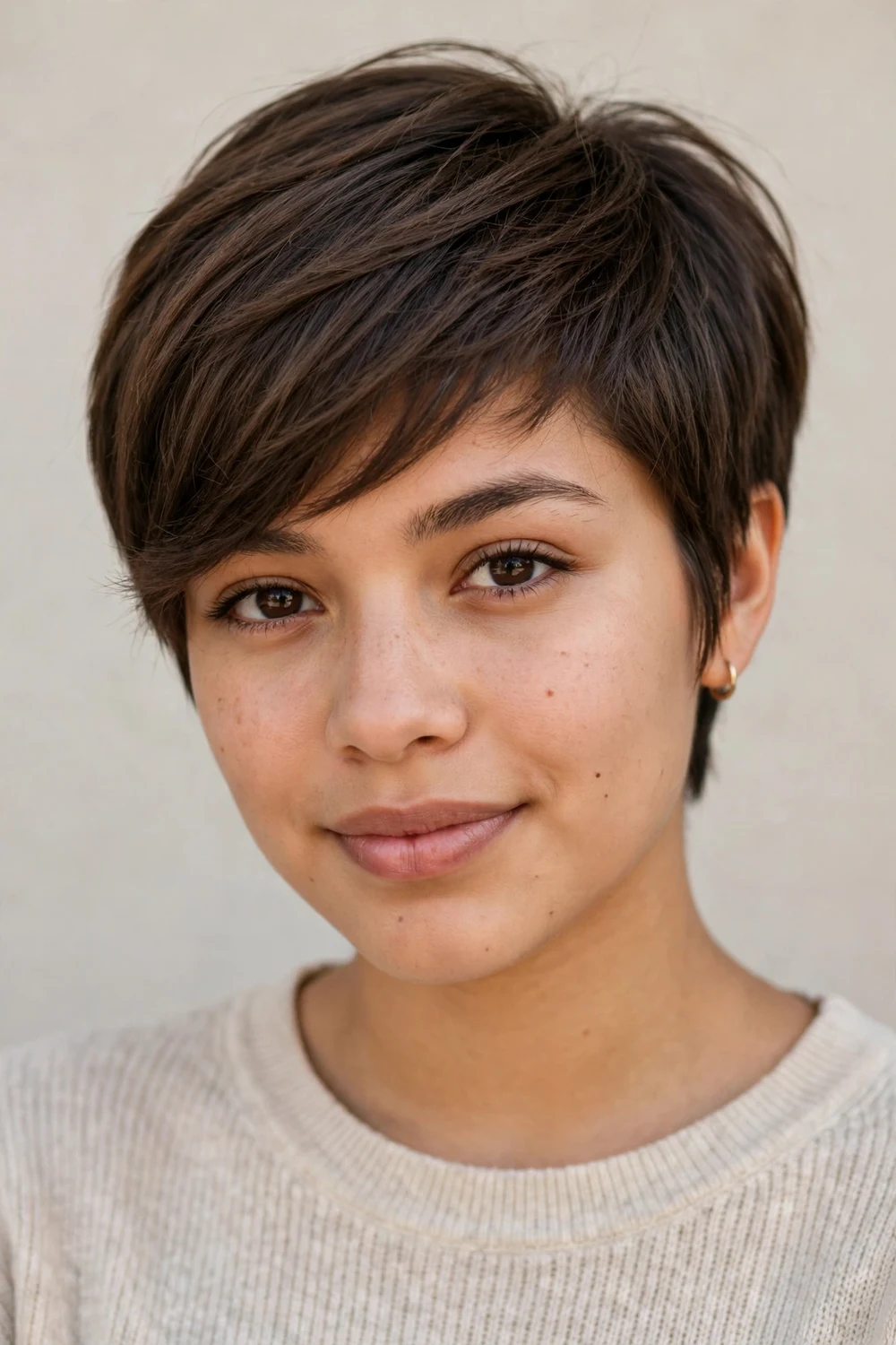 Young Latina woman with a side-swept pixie, long diagonal fringe over fine dark brown hair