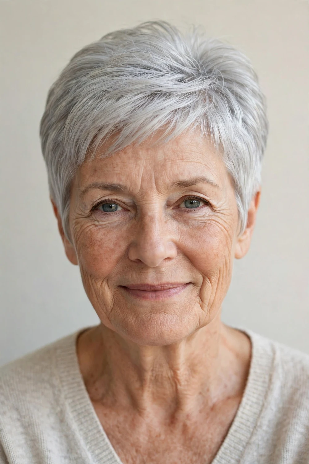 Older white woman with a silver pixie, soft voluminous silver crop on fine hair