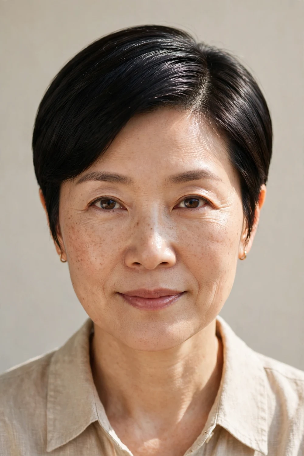 Middle-aged East Asian woman with a sleek side-part pixie, smooth polished fine black hair
