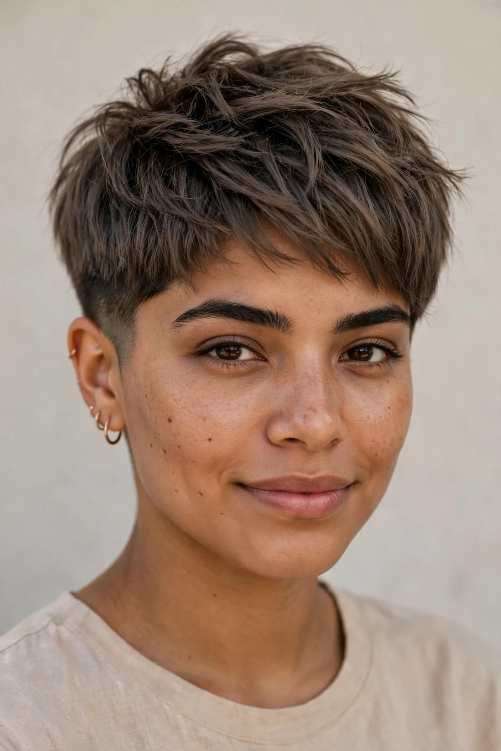 Young Latina woman with a smoky textured crop, muted ash brown pixie with faded undercut