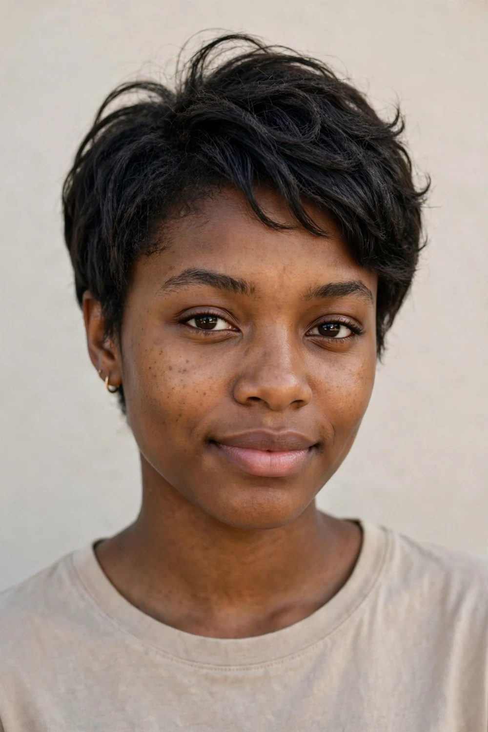 Young Black woman with a soft natural-texture pixie, gentle layers on fine coily dark hair