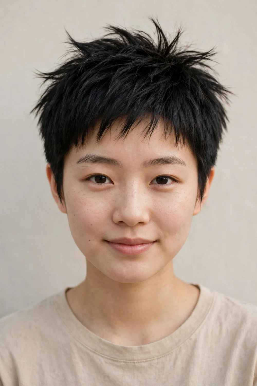 Young East Asian woman with a spiky pixie, lifted spiky texture on fine black hair