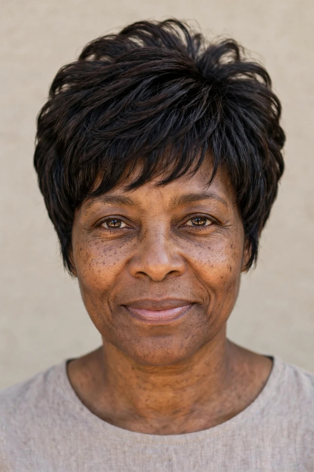 Middle-aged Black woman with a stacked lob-bob hybrid, graduated back adding volume to fine hair