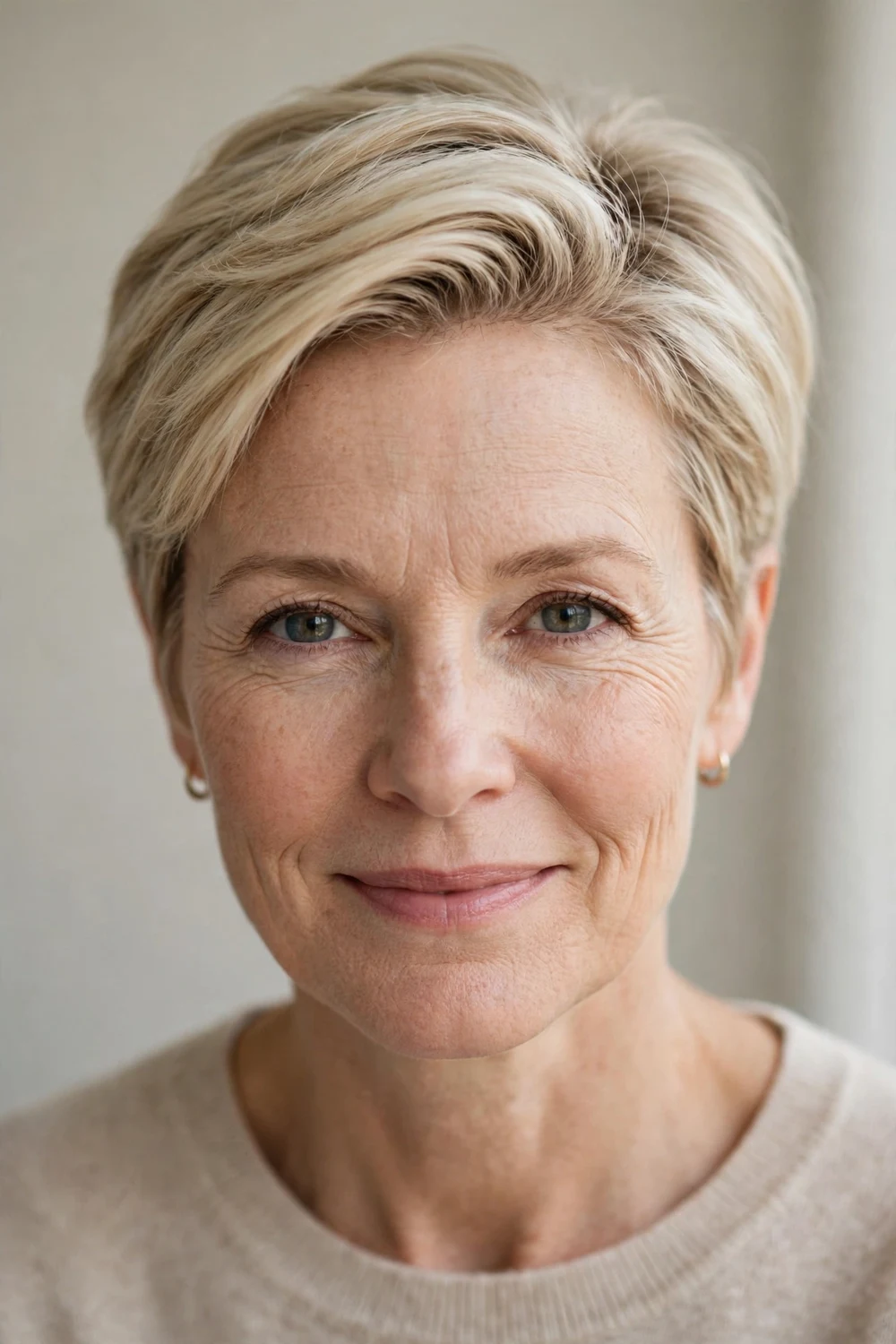 Middle-aged white woman with a swept-back pixie, longer layers brushed back on fine blonde hair