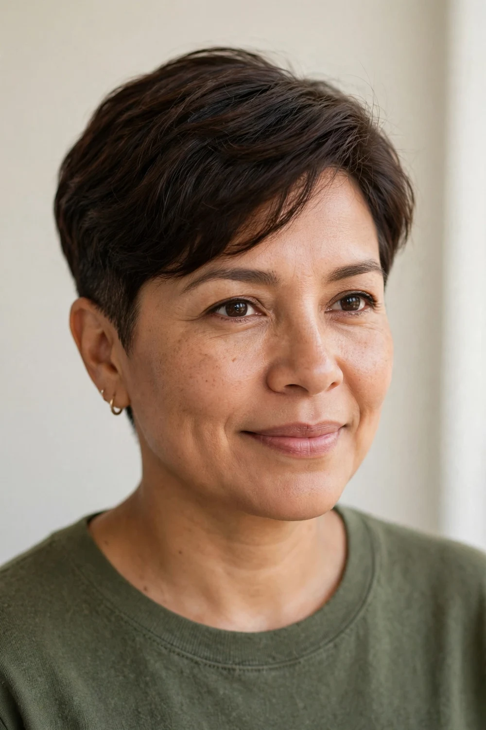 Middle-aged Latina woman with a tapered pixie, neat graduated sides and textured brunette top