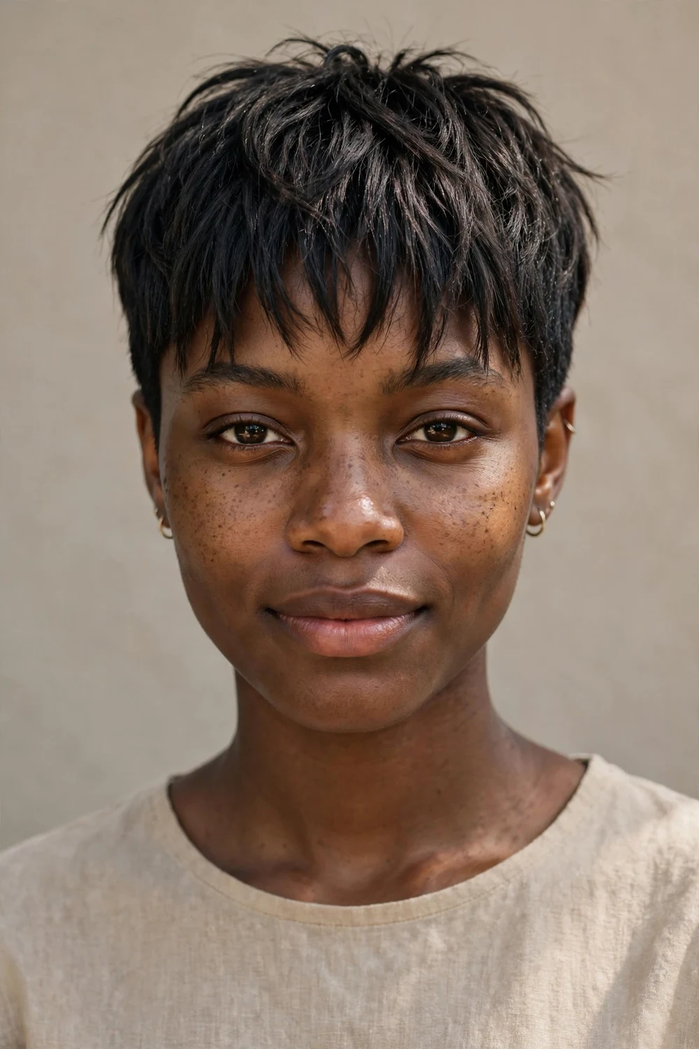 Young Black woman with a textured bangs pixie, full piecey fringe on fine natural dark hair