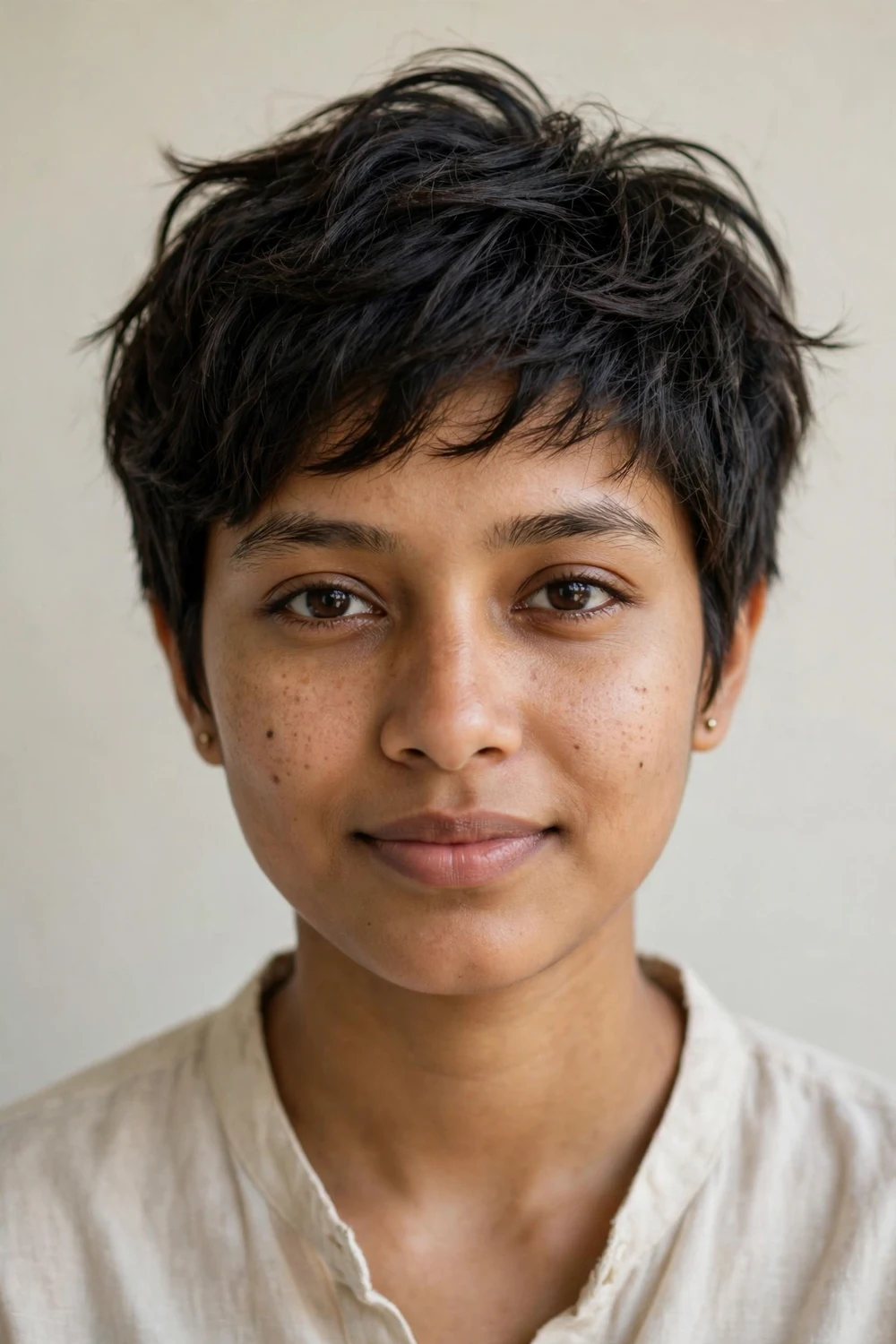 Young South Asian woman with a textured pixie, razored piecey layers on fine dark hair