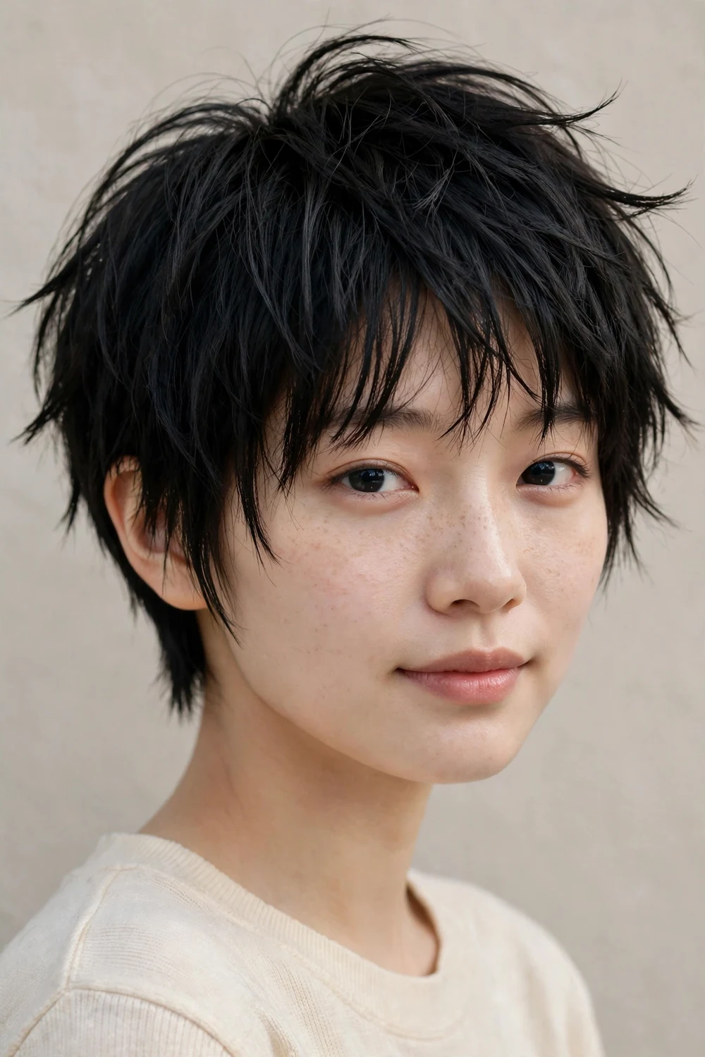 Young East Asian woman with a texturized pixie, piecey layers creating movement in fine straight black hair