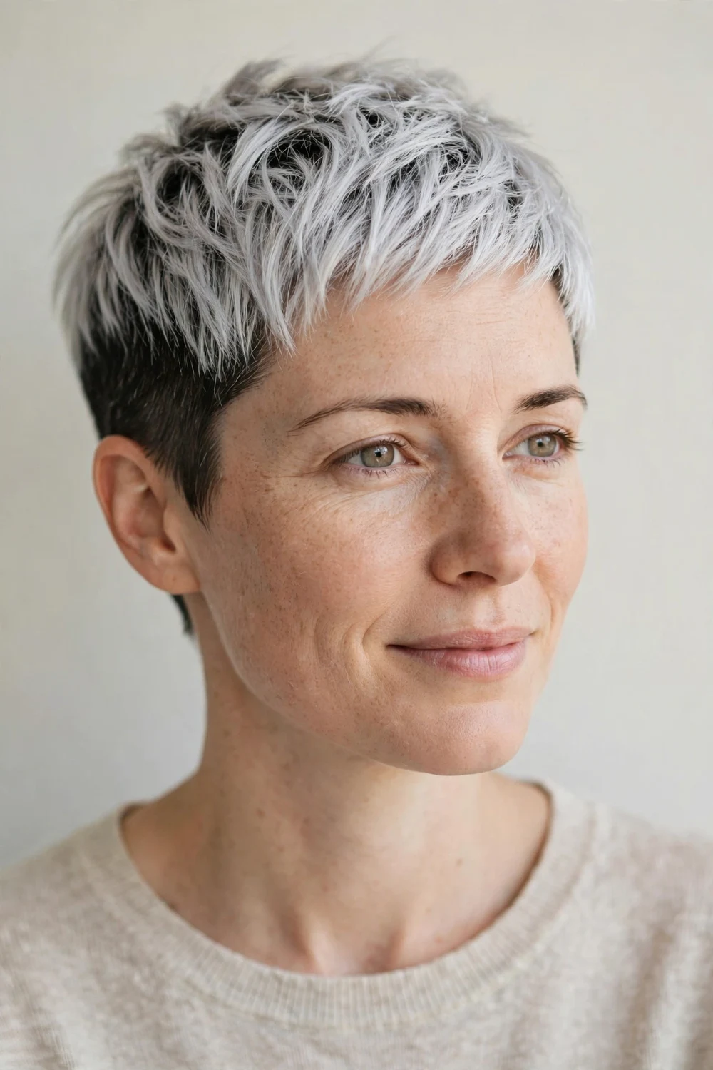 Woman in her 30s with a two-tone micro pixie, silver top over a dark undercut on fine hair