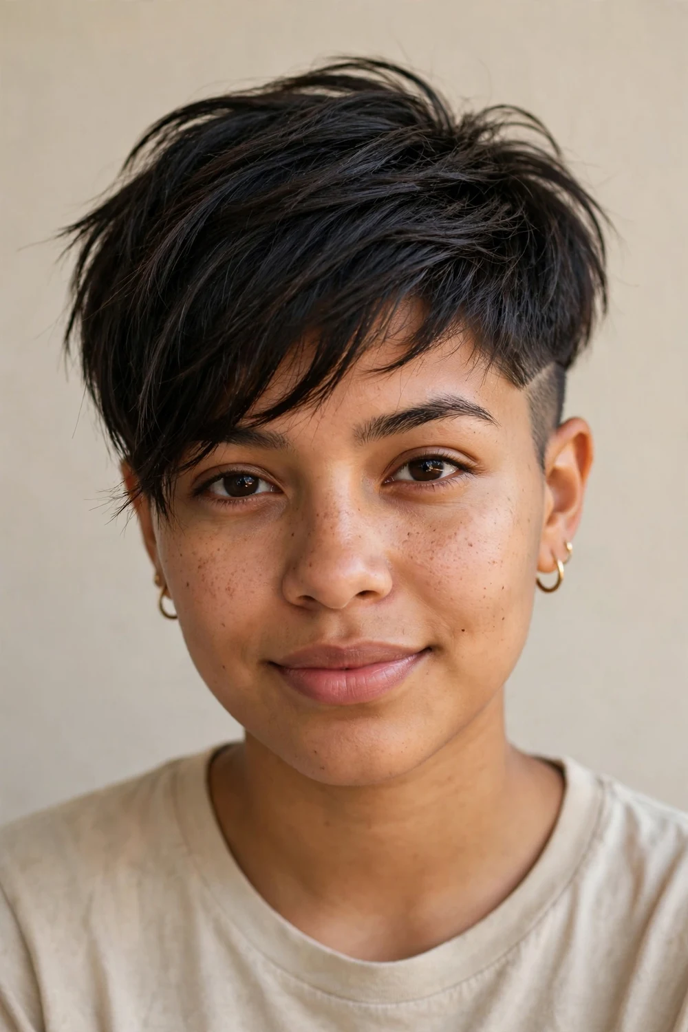 Young Latina woman with an undercut pixie, clipped sides and long textured top on fine dark hair