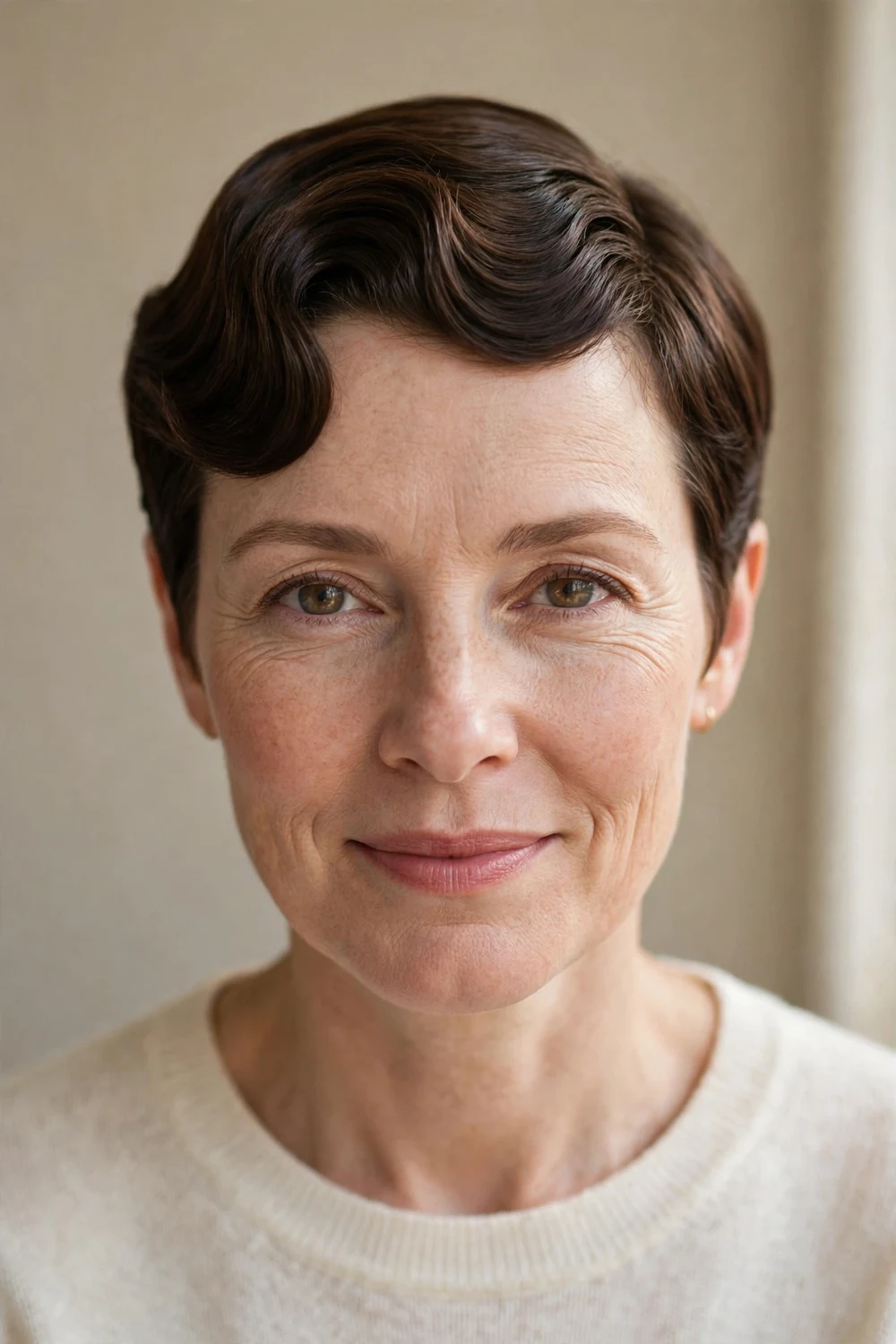 Woman in her 40s with a vintage sculpted pixie, smooth sculpted waves on fine dark brown hair