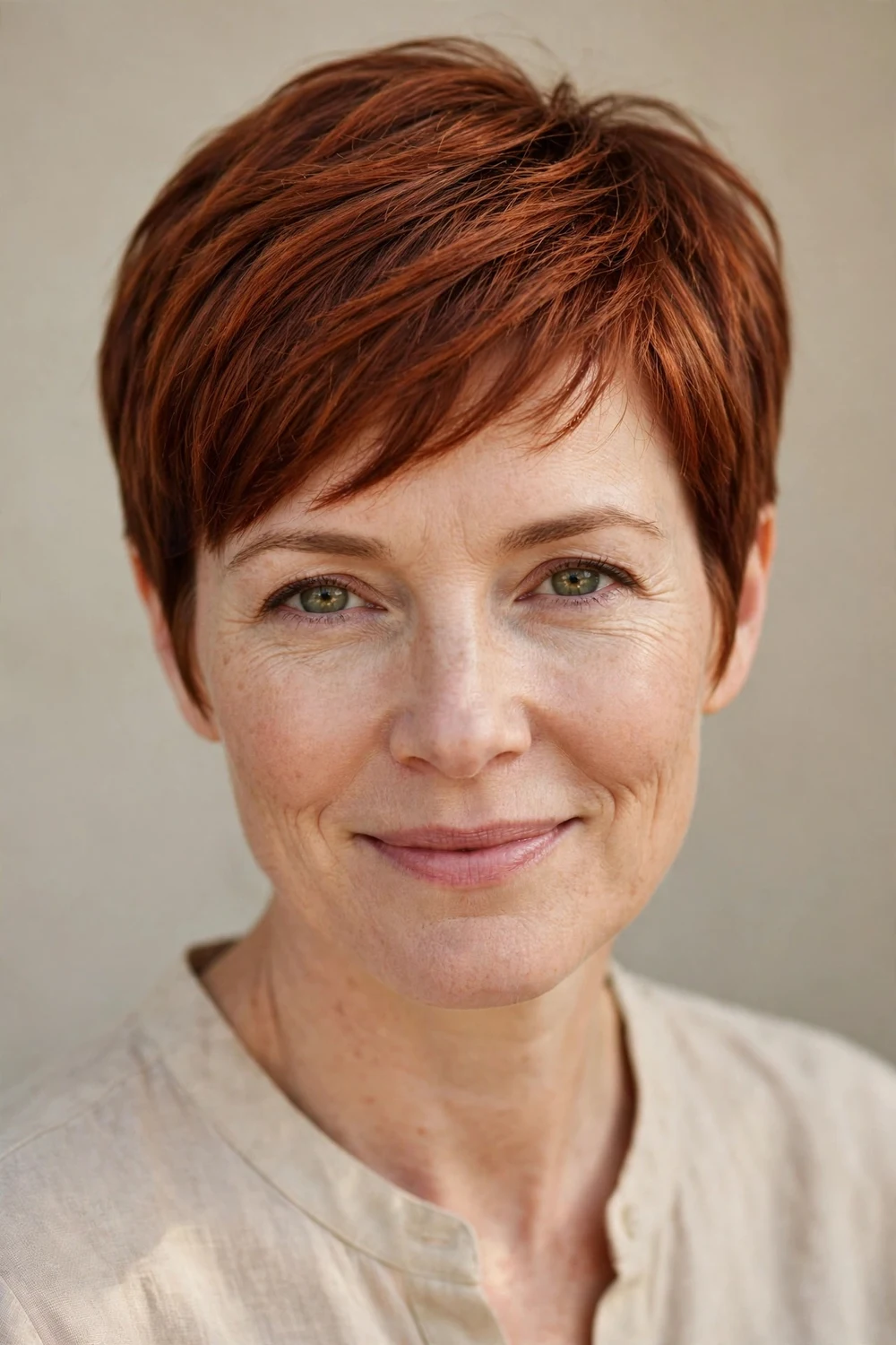 Woman in her 40s with a warm auburn pixie, rich copper-red tone adding depth to fine hair