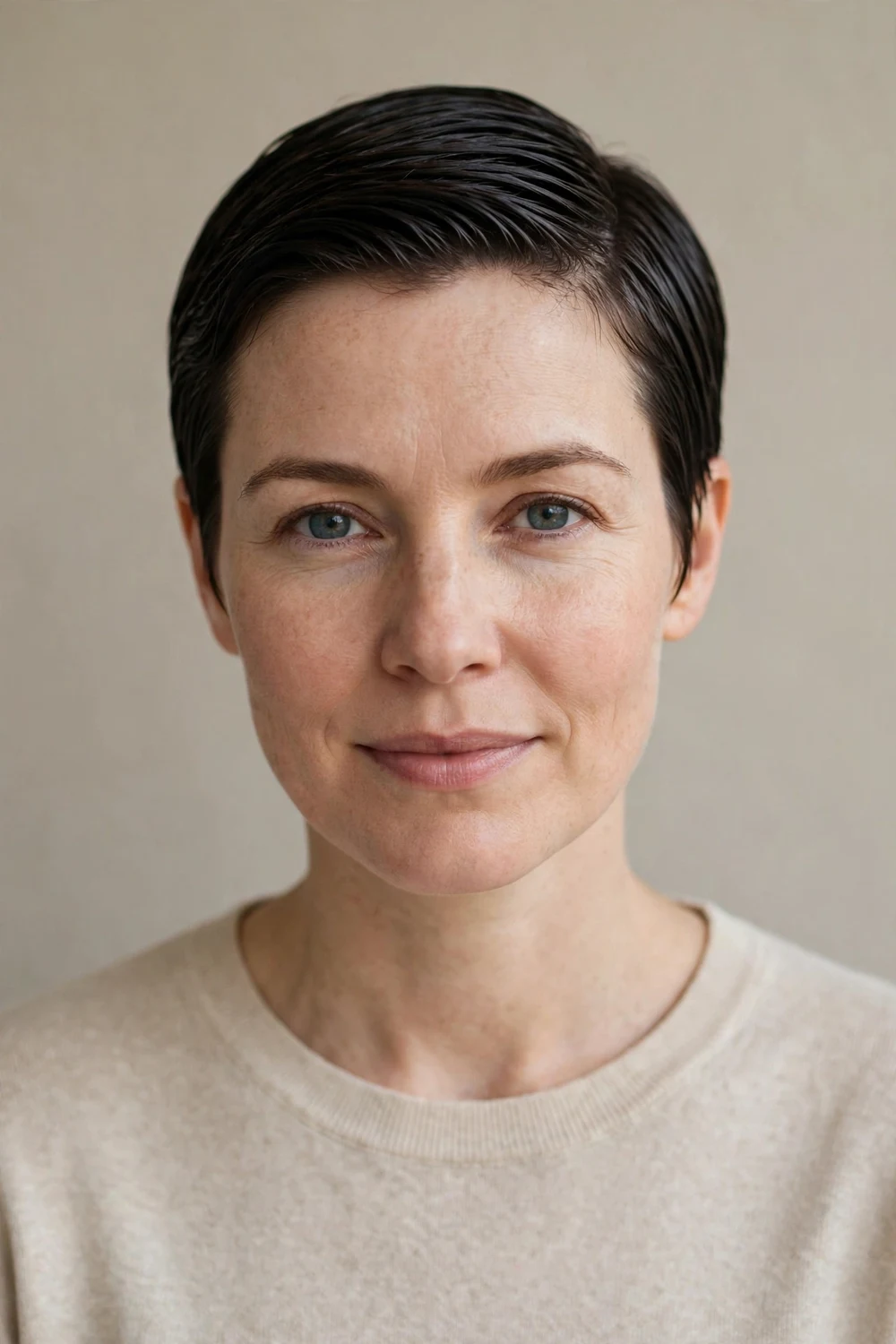 Woman in her 30s with a wet-look pixie, sleek glossy damp-finish styling on fine dark hair