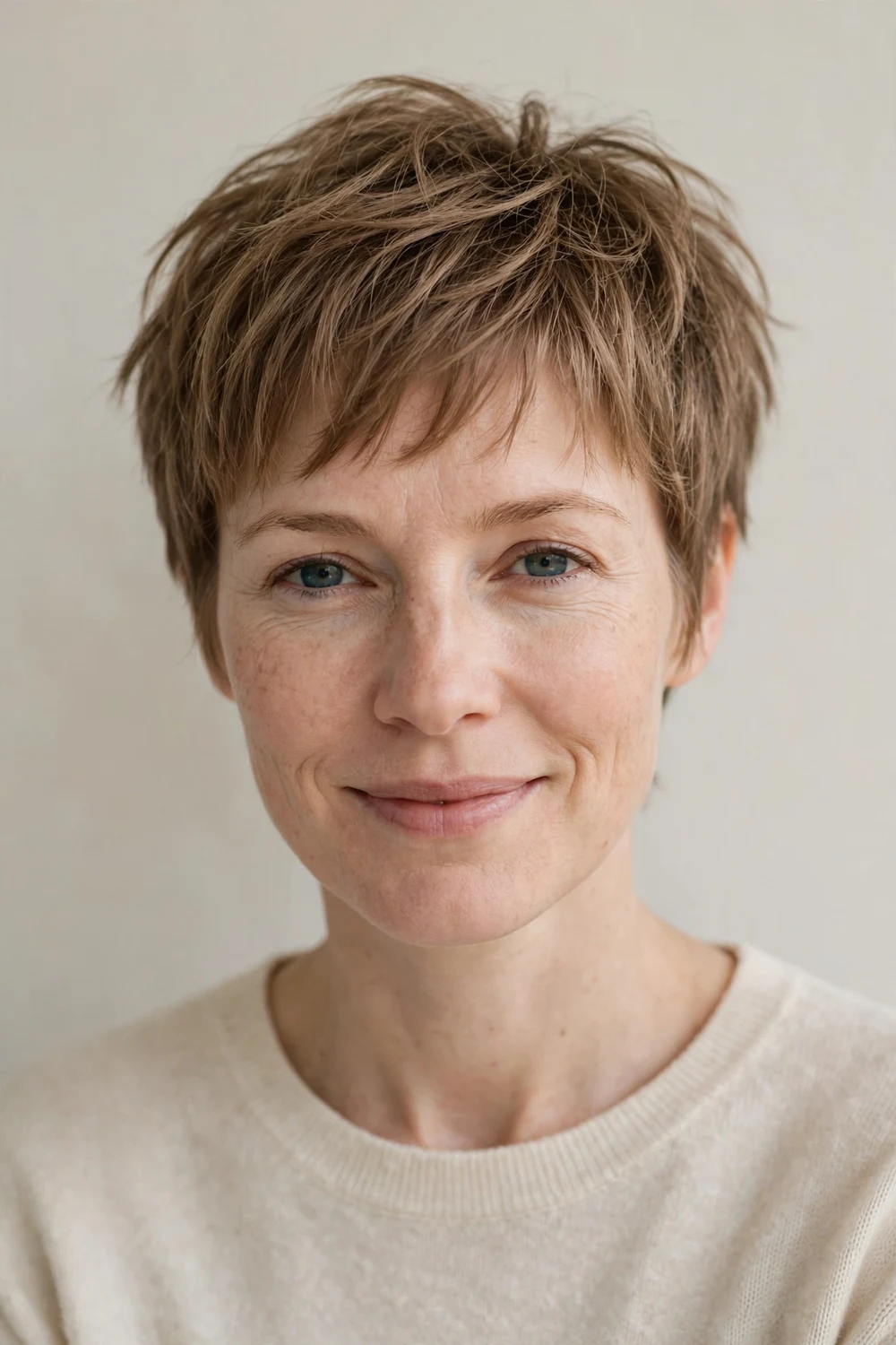 Woman in her 30s with a wispy-fringe pixie, airy feathered bangs on fine light brown hair