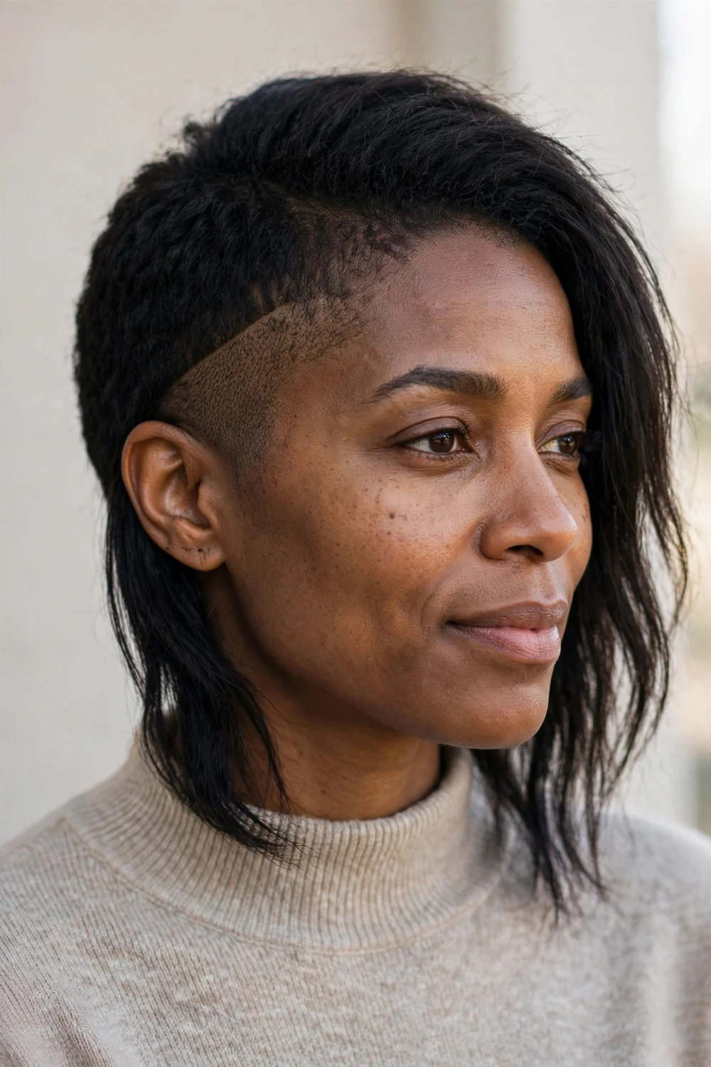 Woman with thick dark hair wearing an asymmetrical pixie with one longer side