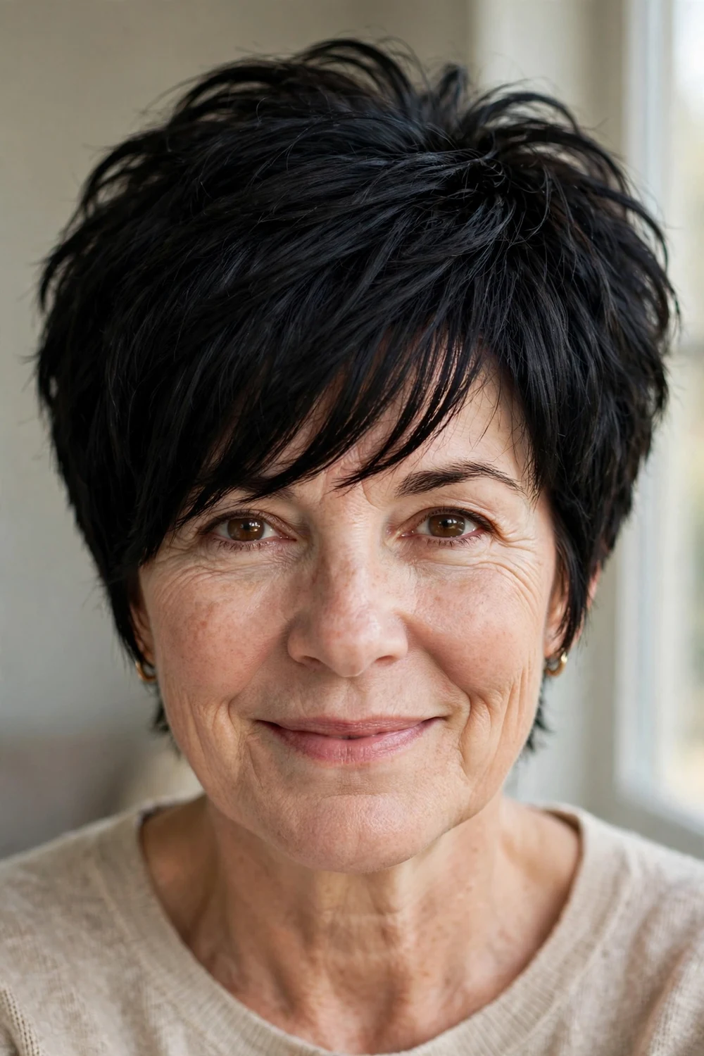 Woman with thick jet-black hair wearing a layered pixie with long side-swept bangs