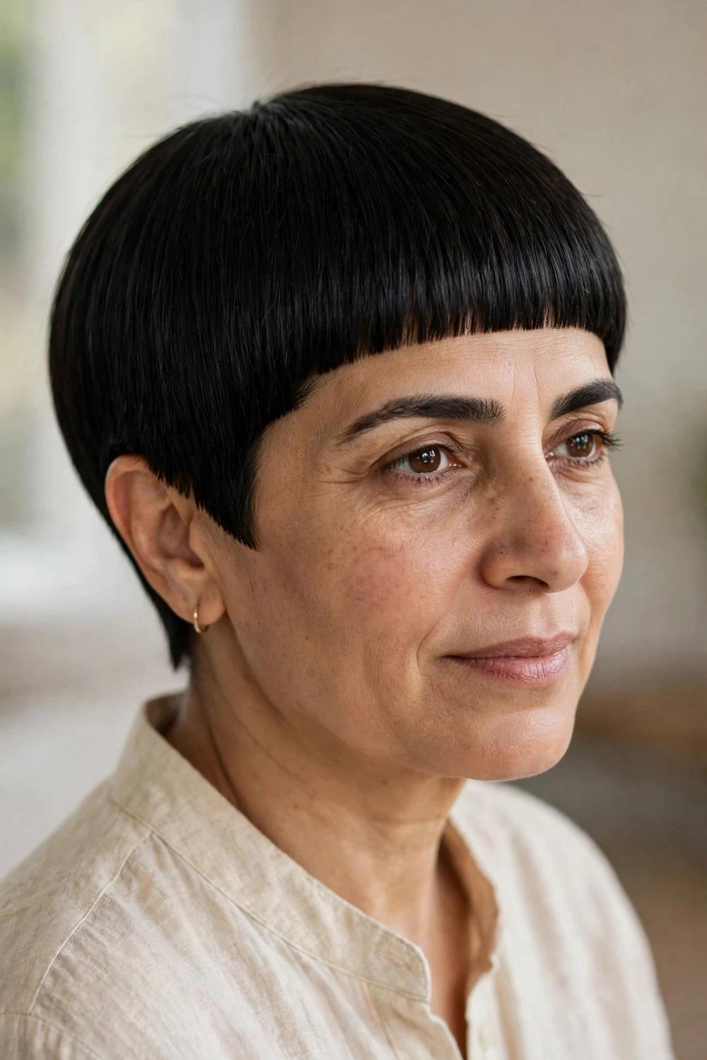 Woman with thick dark hair wearing a blunt-cut pixie with sharp edges