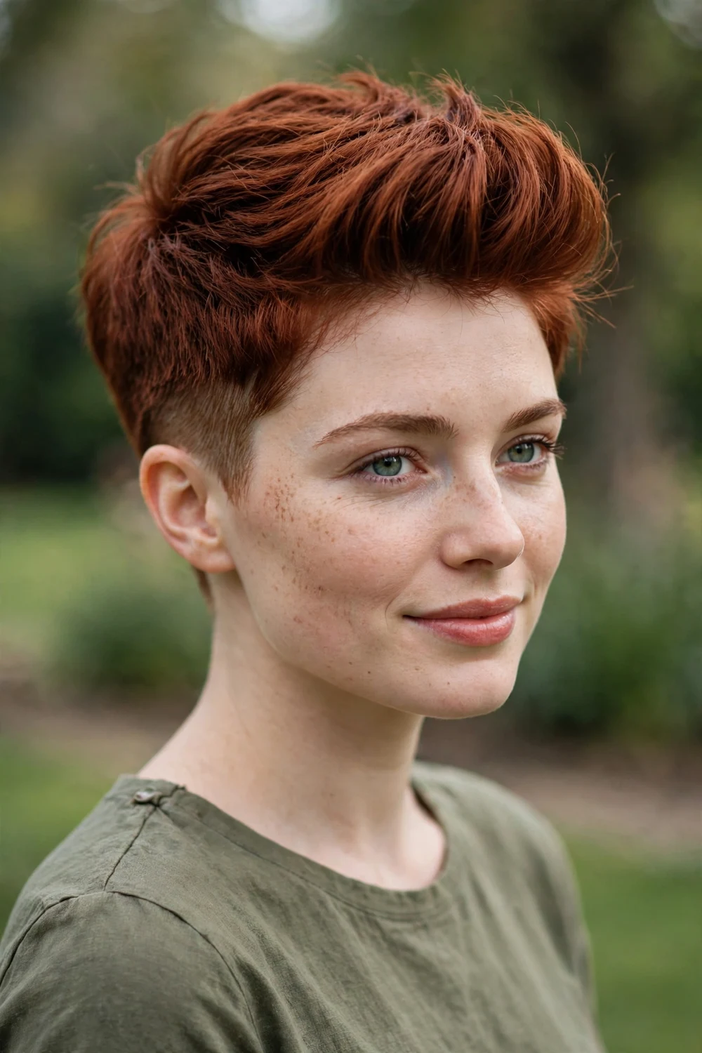 Woman with thick auburn hair wearing a boyish tapered pixie with pompadour bangs