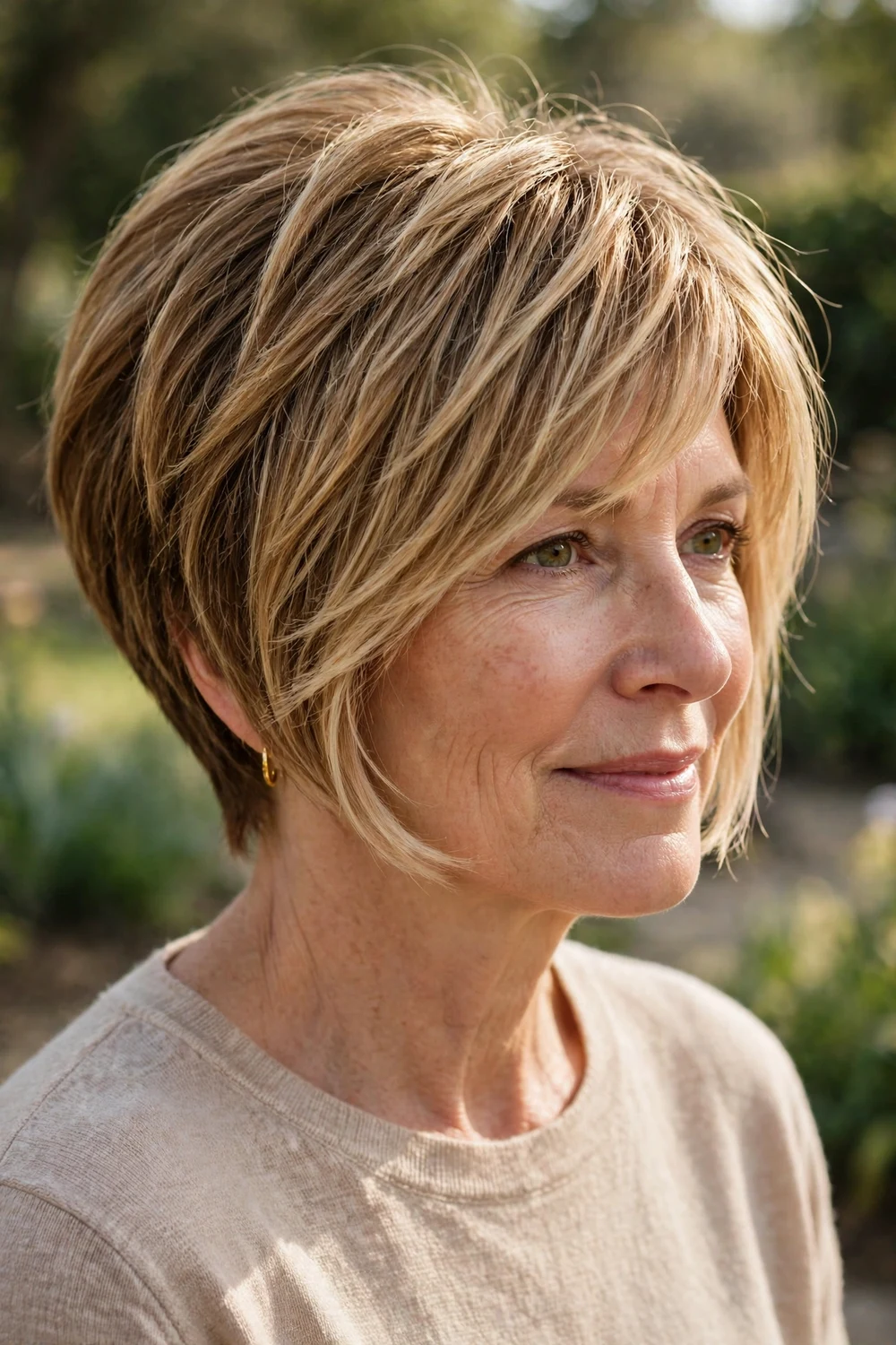 Woman with thick bronde hair wearing a pixie bob
