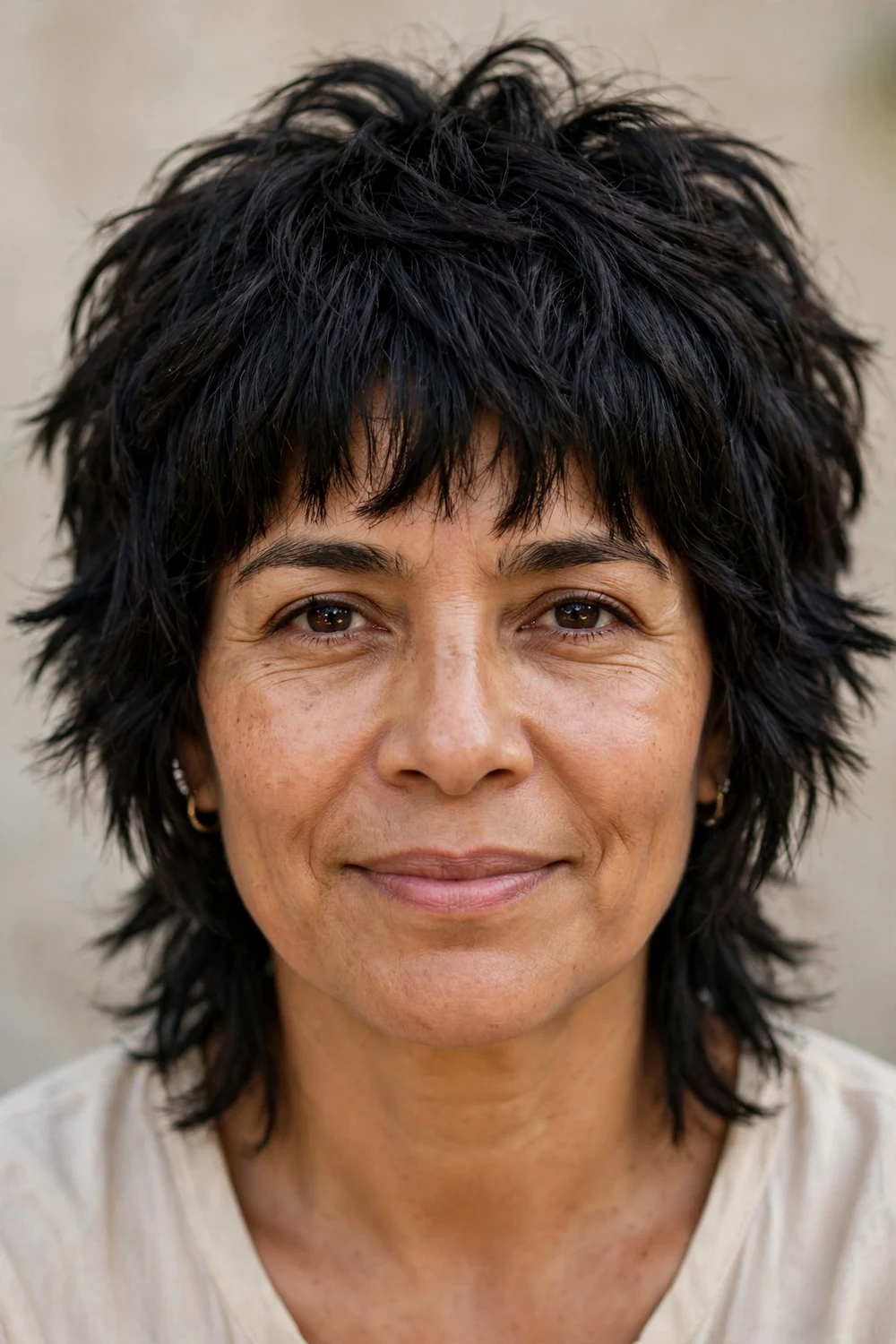 Woman with thick coarse hair wearing a choppy pixie with face-framing layers