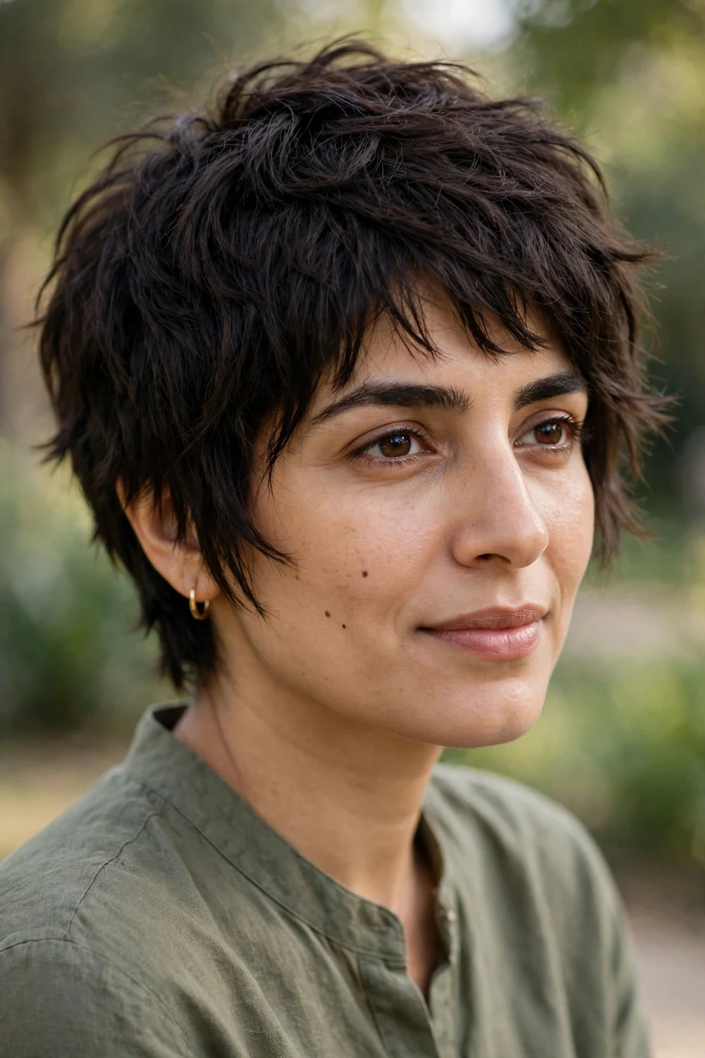 Woman with thick dark brown hair wearing a choppy textured pixie with jagged layers