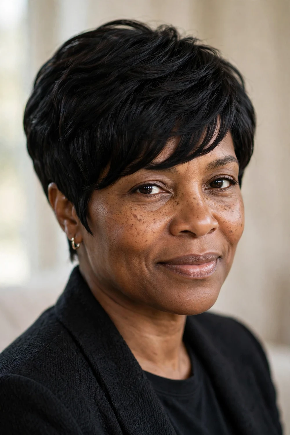 Woman with thick dark hair wearing a classic cropped layered pixie