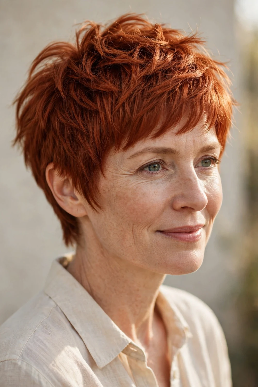 Woman with thick copper-red hair wearing a textured pixie