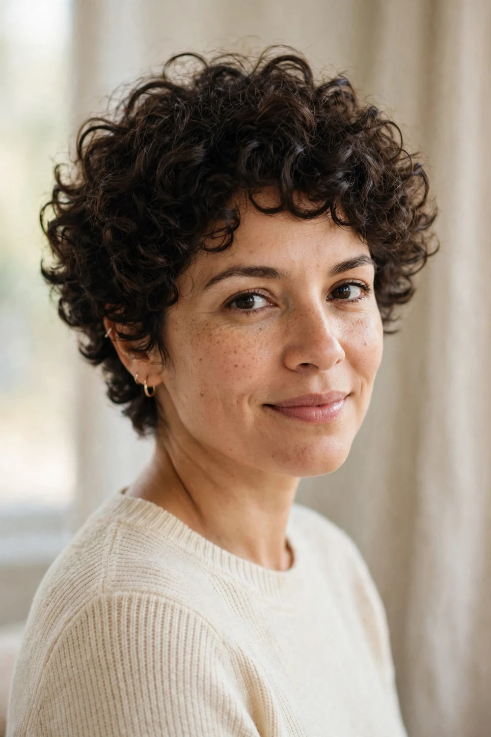 Woman with thick curly hair wearing a short curly pixie