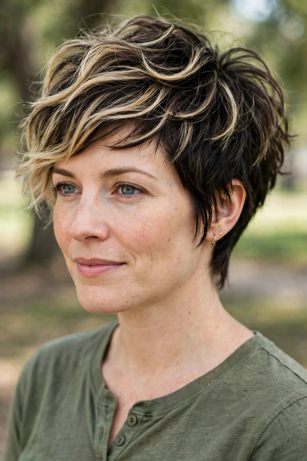 Woman with thick dark hair and blonde balayage wearing a disheveled pixie