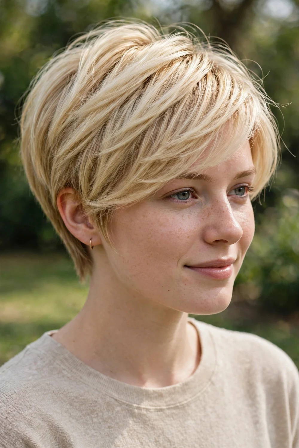 Woman with thick blonde hair wearing an elongated pixie with long layers