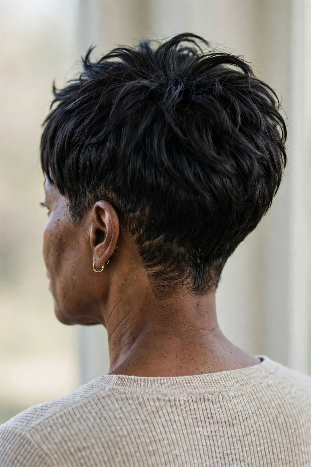 Woman with thick black hair wearing a feathered undercut pixie with shaved nape