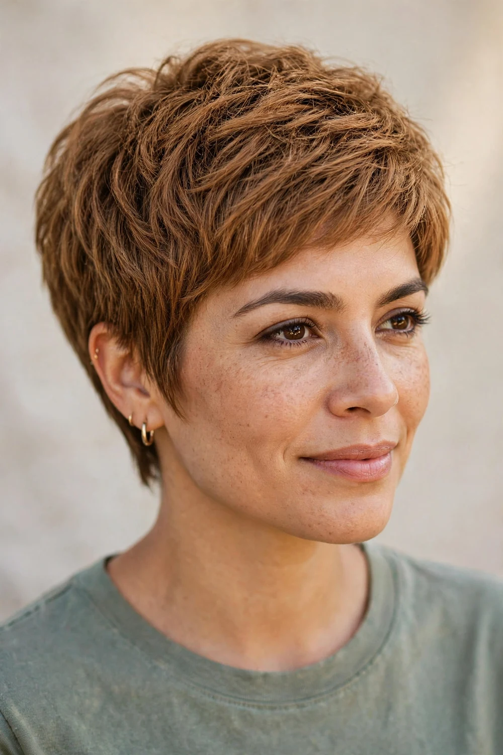 Woman with thick caramel-colored hair wearing a finely chopped pixie